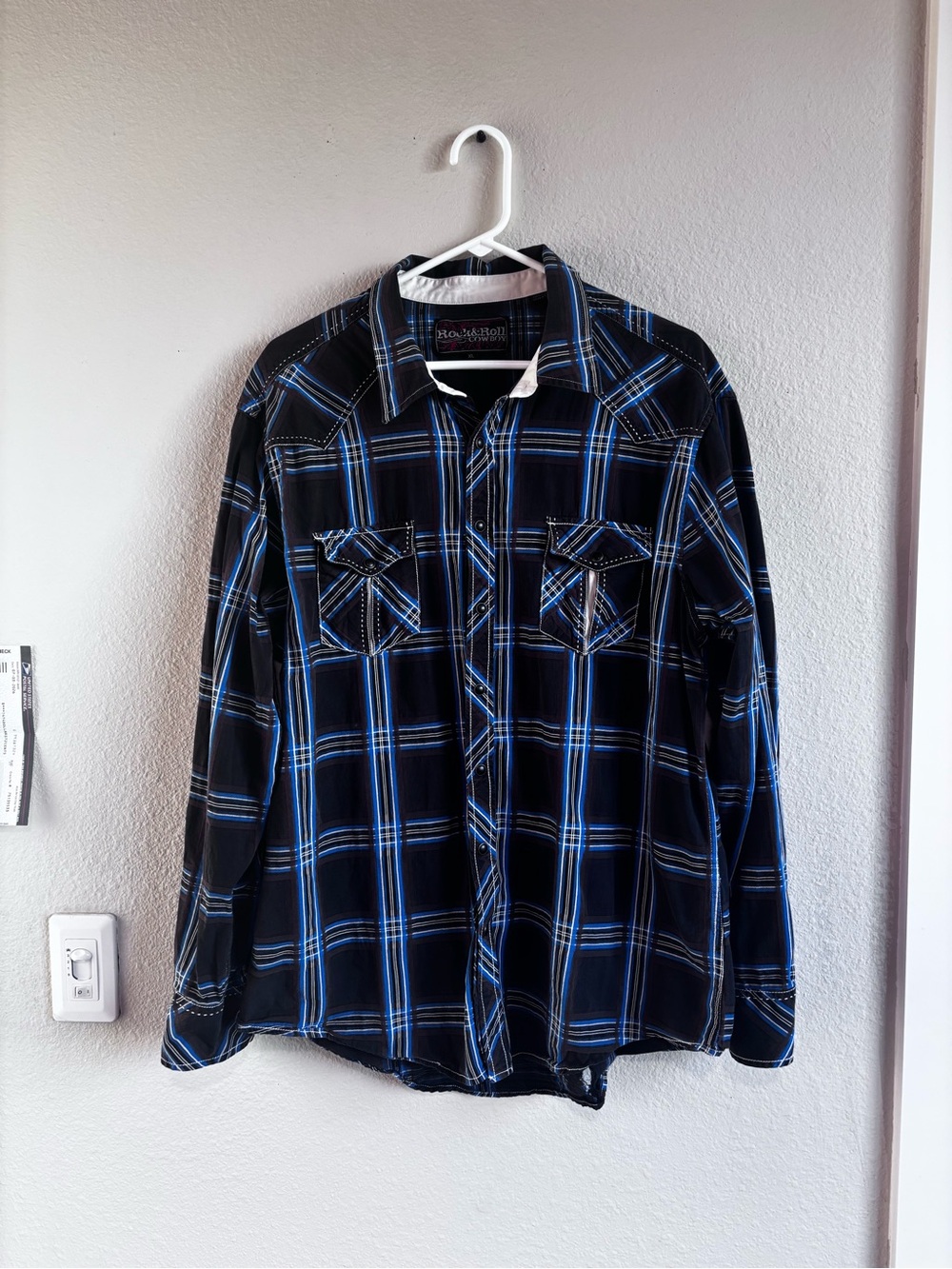 Rock Revival Men's Black and Blue Plaid Button-Down Shirt pear snaps
